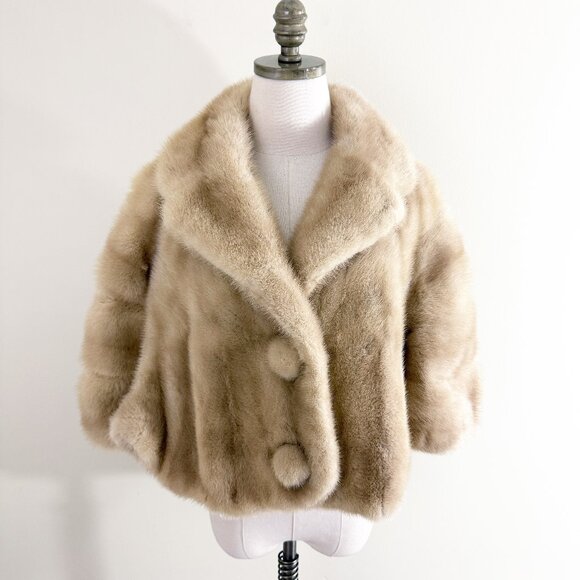 Vintage Duplers Fine Furs Tan Real Fur Cape Women's S/M Pockets Double Button - Picture 1 of 9